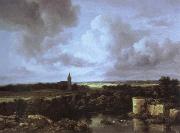 Jacob van Ruisdael an extensive landscape with a ruined castle and a village church Spain oil painting artist